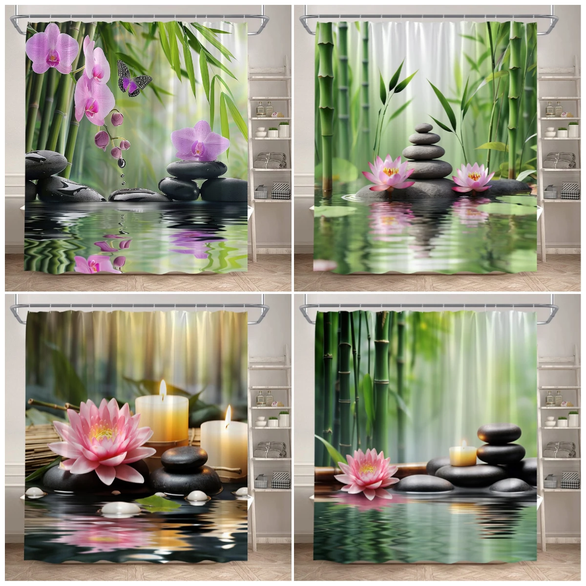 Zen Green Bamboo Shower Curtains Purple Orchid Lotus Black Stone Flowers Plant Spa Scenery Polyester Home Bathroom Curtain Decor