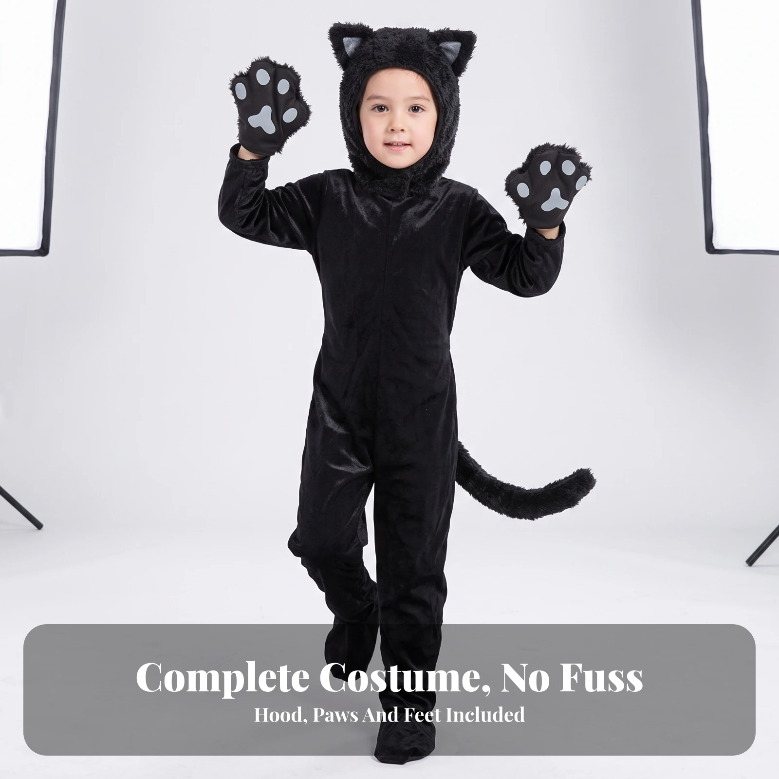 Cat Costume Full-Body Cat Costume with Tail Animal Role-Play Outfit Easy-to-Wear Jumpsuit Mit Kapuze Ultrasoft for Child