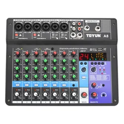 TEYUN 8 Channel DJ Sound Mixing Table 24 DSP Effect Audio Mixer Bluetooth PC USB Play Recording 48V Controller Mixing Console A8