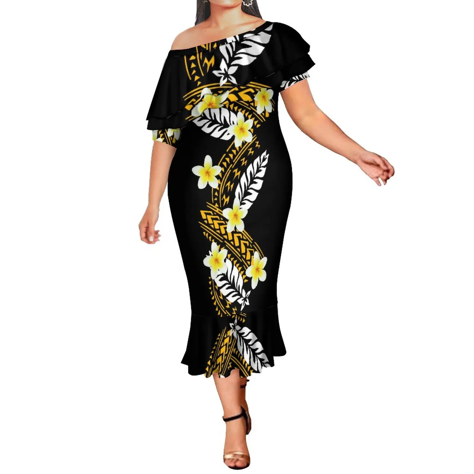 Big People 8XL Polynesian Traditional Tribal Style Elegant Fishtail Dresses Pacific Island Art Double Frill Mermaid Dress