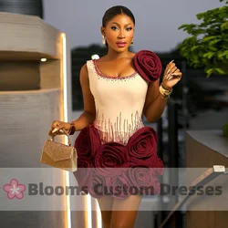 Blooms Handmade Flowers Cocktail Evening Dresses Customized Beadings Sleeveless Prom Dress Aso Ebi Africa Formal Occasion Gown