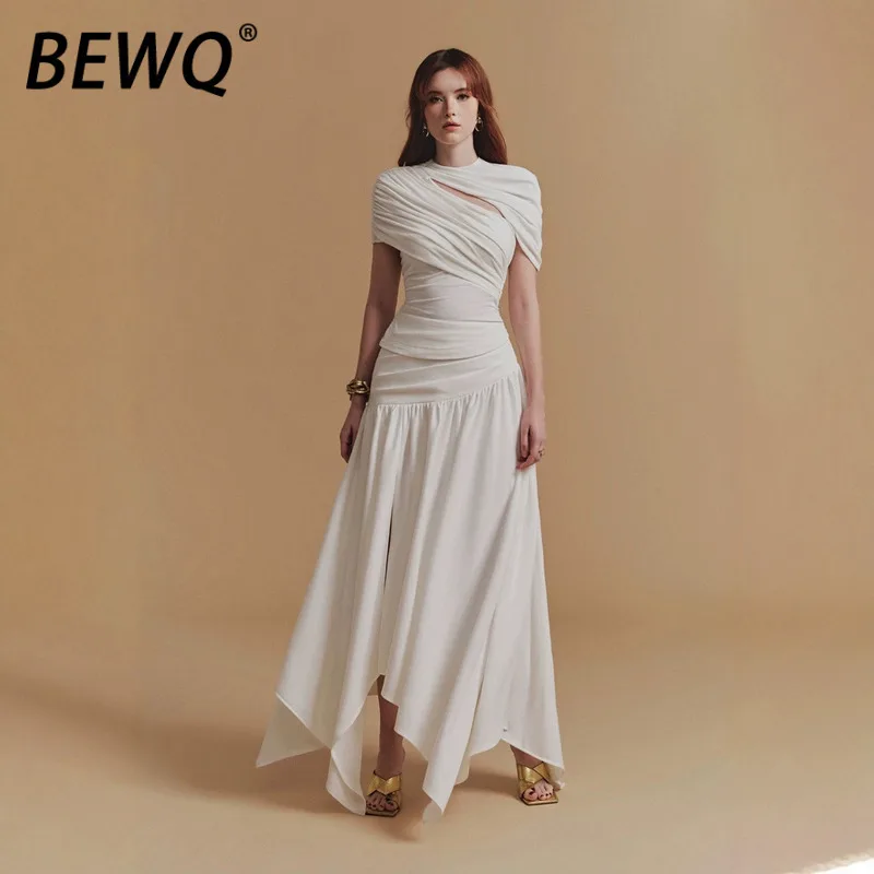 

BEWQ Fashion Women's 2 Pcs Set Irregular Pleated Hollow Out Tops Loose High Waist Skirt Suits Evening Party 2025 Autumn New