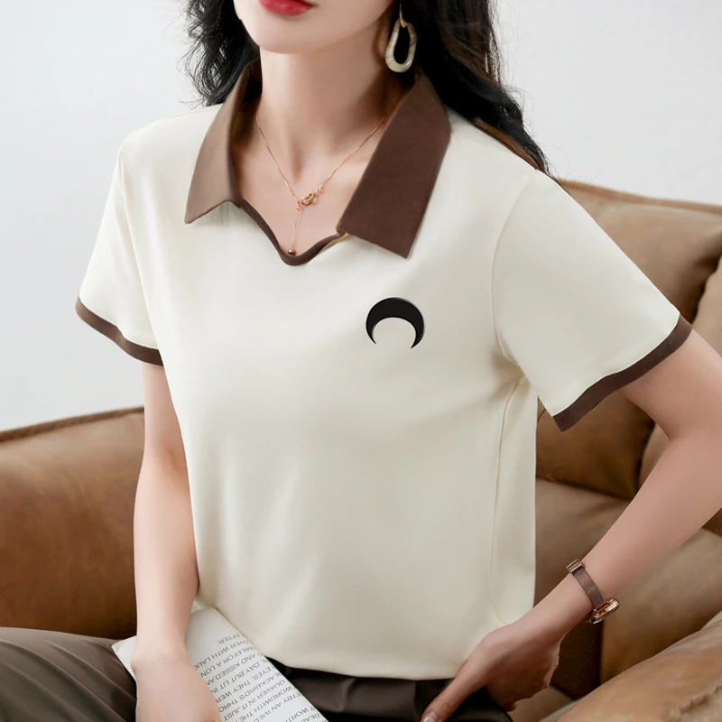 TuangBiang-Camiseta de algodón con bordado de Luna en 3D para mujer, blusa informal coreana con cuello tipo Polo de manga corta, Tops ajustados para mujer 2023