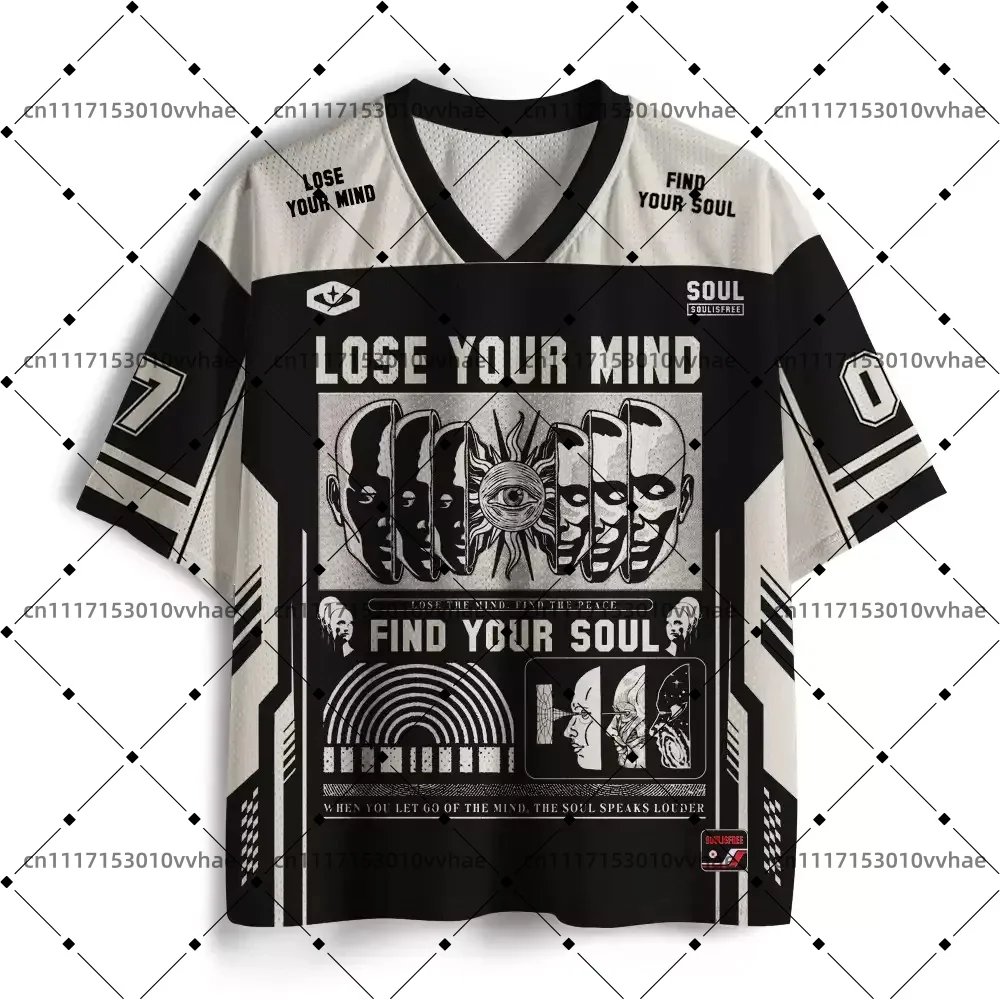 Lose Mind, Find Soul Mesh Jersey Design Digital Print V-Neck T-Shirt Comfortable Sports Short Sleeve