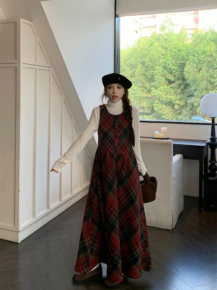 Korobov Winter Plaid A-line Skirt Women Clothing Woolen Vest Dress Sweet Age Reduction Vintage Dresses Korean Fashion Vestidos