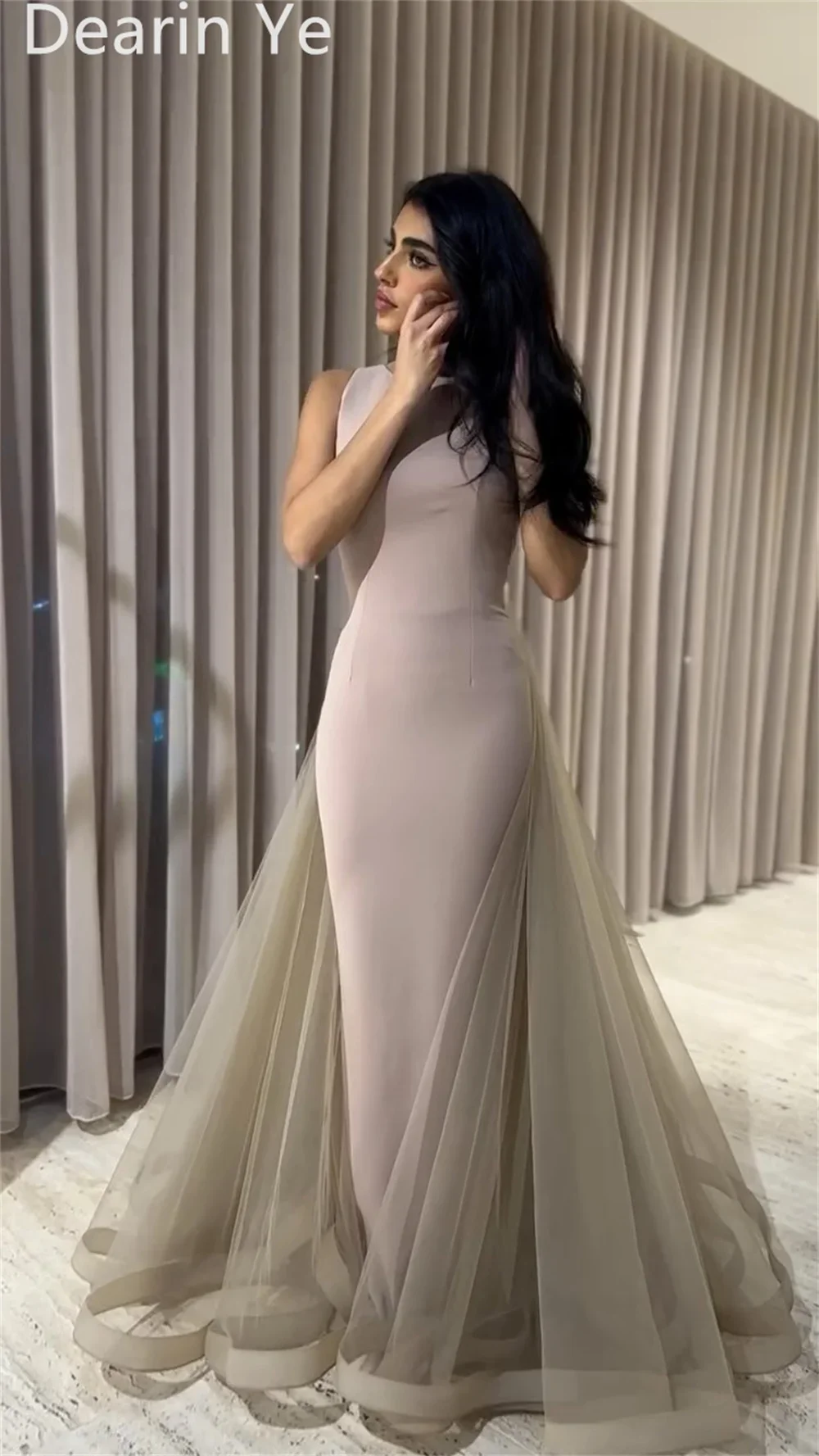 Customized Saudi Arabia Evening Gown Prom Dress Scoop Neckline Column Floor Length Skirts Tulle Bespoke Occasion