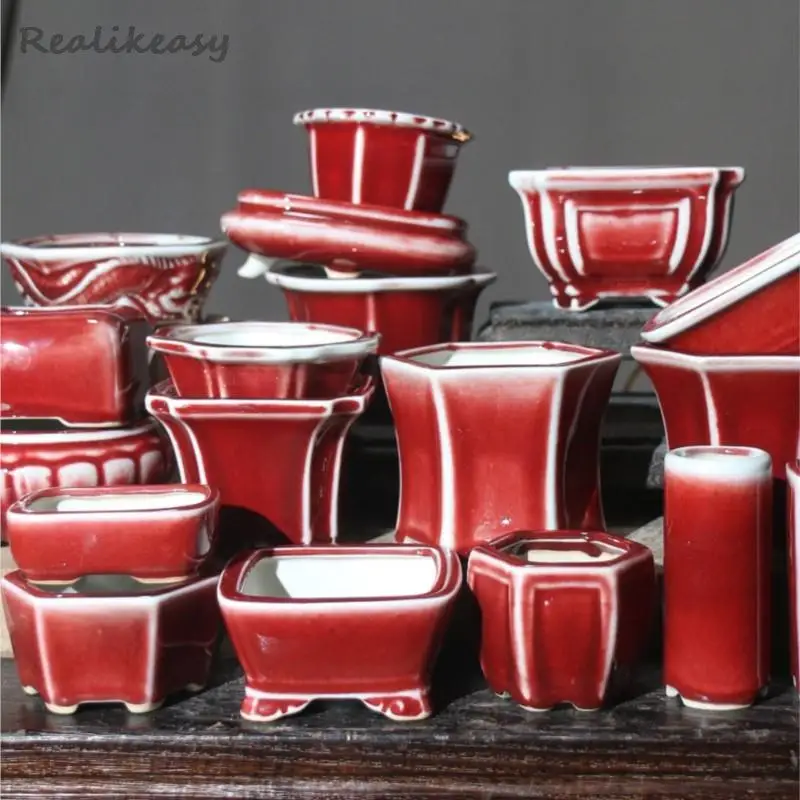 Red Succulent Ceramic Bonsai Pot Japanese Kiln Transformation Purple Sand Flower Pot Desktop Handmade Flower Pot Home DecorLF276