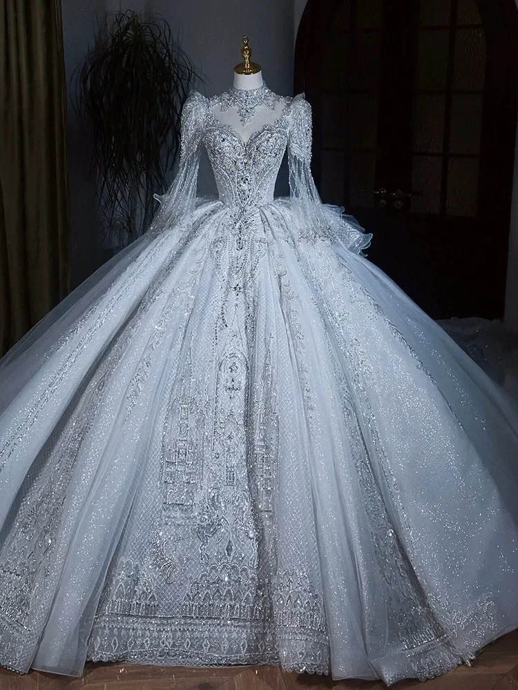 Luxury Sparkling Wedding Ball Dress Heavy duty Crystal Beads Long Sleeve Princess Bridal Dress Dubai Bridal Dress Customized