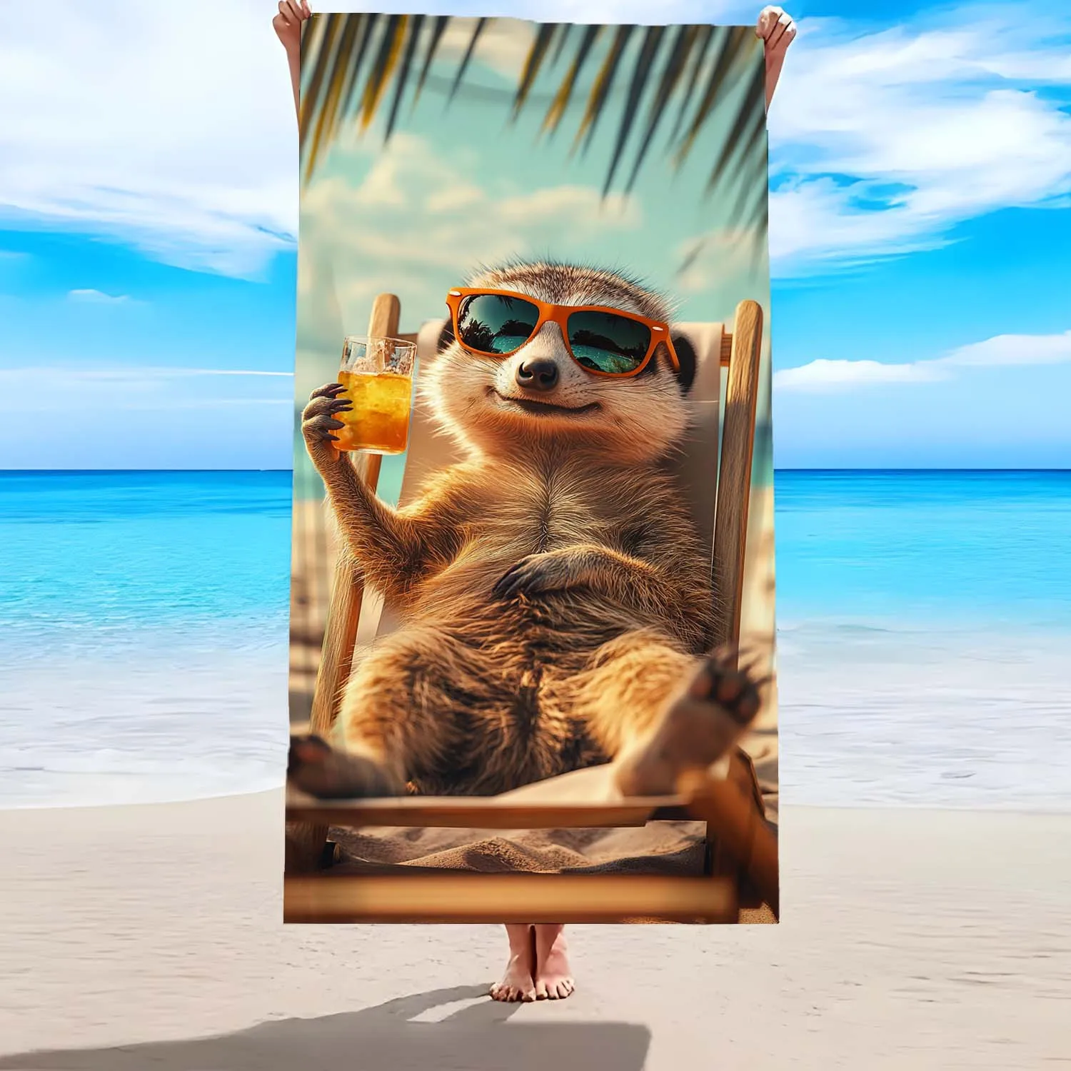 Zeal Lily Beach Towel with Cute Meerkat Tropical Drink Print, Soft Microfiber Lightweight Rectangular Towel for Swimming, Yoga