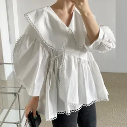 Irregular Lace Up Slim Waist Vintage Blouse Women Korean Style Chic Design Loose Casual Streetwear Shirts Spring Autumn Blusas