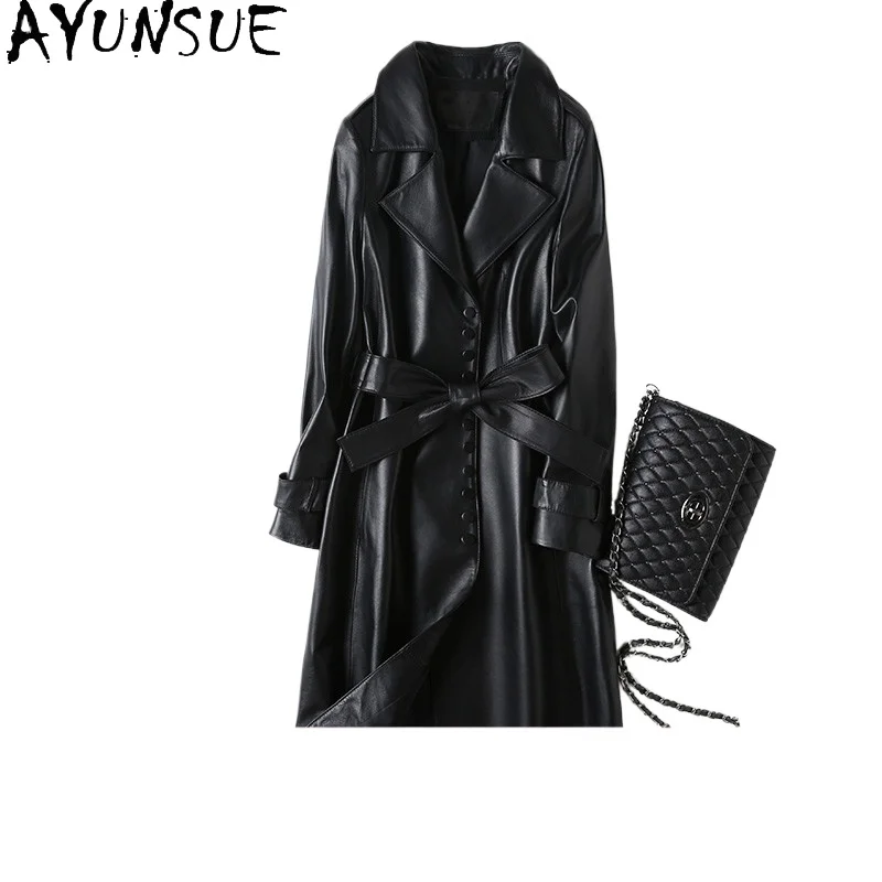 Ayunsue Echte Schapenvacht Leren Jas Vrouwen Zwarte Jas Vrouwen Luxe Lange Jassen Trenchcoat Herfst Slim Fit Womens Casaco 2024