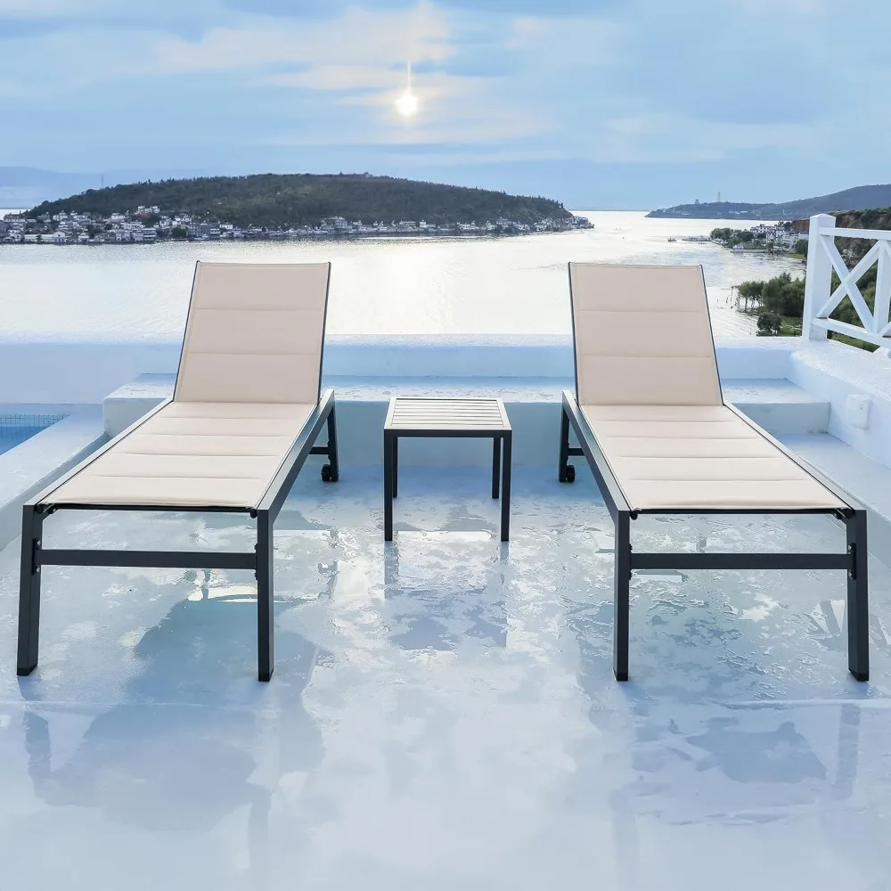 

Aluminum Chaise Lounge Outdoor Lounge Chairs Set of 2 Patio Chaise Lounge Chairs with Wheels and Side Table, Beige