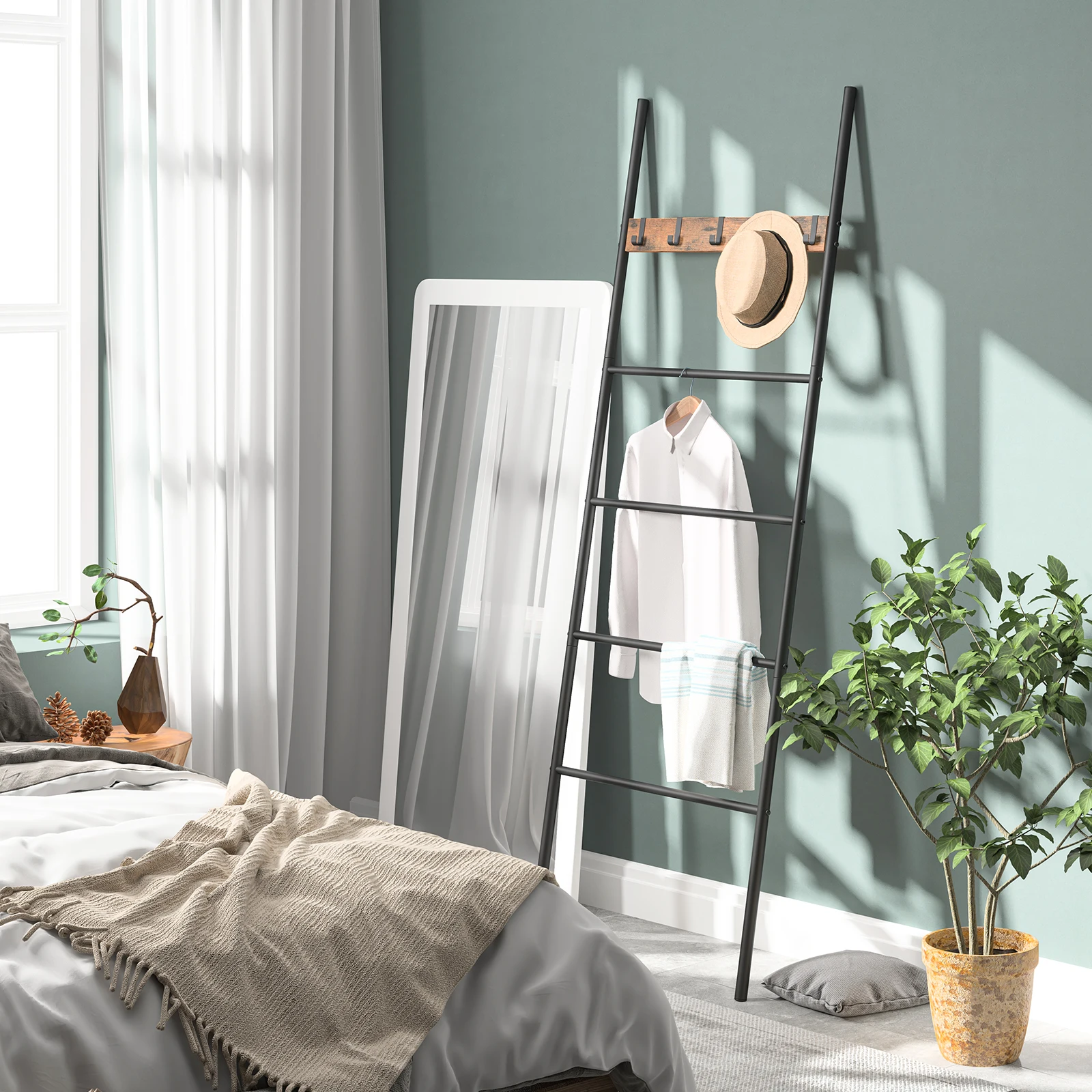 HOOBRO Towel Blanket Ladder 5-Tier Towel Ladder Quilts Rack With 5 Removable Hooks Towel Drying and Display Rack For Bathroom