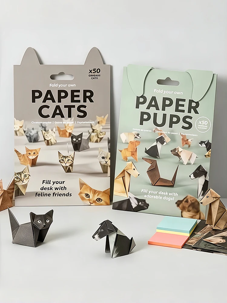 Zestaw DIY do składania origami kotów, psów i dinozaurów, 50 arkuszy papieru DIY do składania uroczych figurek kotów, arkusze z nadrukowanymi wzorami, dekoracja na biurko, prezent dla miłośników — 2