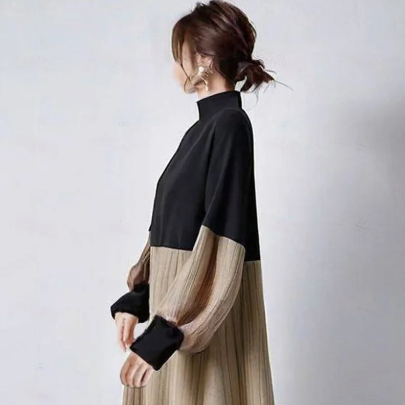 Ele Bla T-shirt col haut i couleur bande élastique Dr femmes Faion transfrontalier japonais Sle épissage Dr