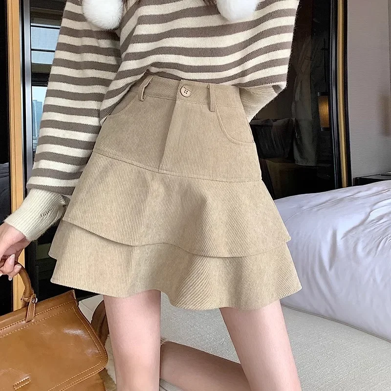 2024 New Design Sensibility Corduroy Skirt Unique Ruffle Edge Petite Size-Reducing A- Line Umbrella Skirt For Autumn/Winter