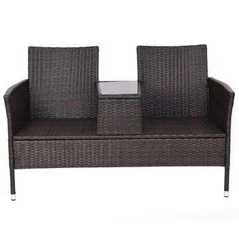 Garden Love Seat Garden Outdoor Patio Furniture Rattan Wicker Water Resistant Summer 2 Seater Bench Sofa with Table
