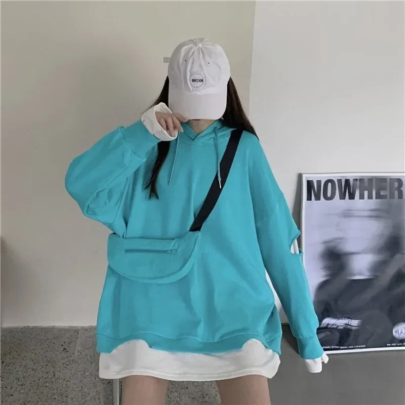 Spring New Lazy Style Fake Two Piece Tops Hoodies Loose Patchwork Pullovers Casual Fashion Women Clothing Korean Y2k