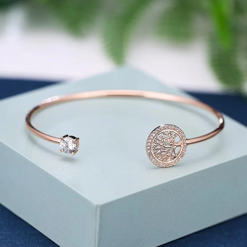 Fashion Tree of Life Open Bracelet for Women White Zircon Charm Gold Color Bangles Boho Jewelry Gift for Women Pulsera De Mujer