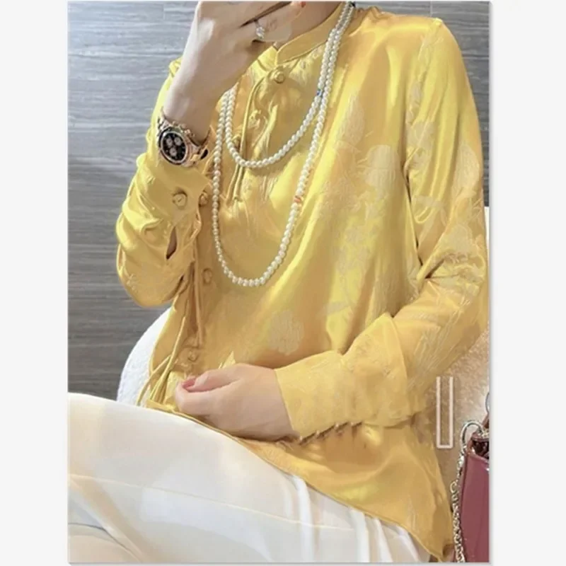 

Summer New Satin Jacquard Blouse Women Chinese Style Frog Buttons Qipao Collar Blouse Traditional Vintage Irregular Hem Shirts