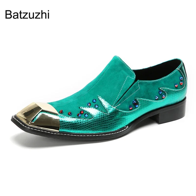 Batzuzhi Blue Personlaity Herrenschuhe Slip-on-Kleiderschuhe aus echtem Leder für Herren, Eisenkappe, modische Party- und Hochzeitsschuhe für Herren