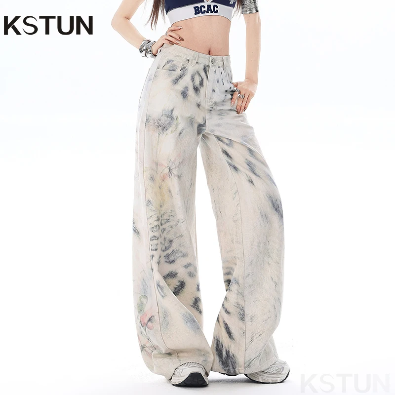 

KSTUN 2026 Spring Americian Style Women's Wide Leg Jeans 100% Cotton Trendy Digital Printing Designer Tie Dye Loose Denim Pants