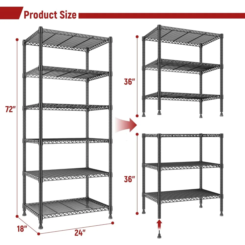 أرفف تخزين معدنية شديدة التحمل مكونة من 6 طبقات، وحدة رفوف جراج قابلة للتعديل للأحمال الثقيلة، نظام رفوف سلكية عالية 72 بوصة #3