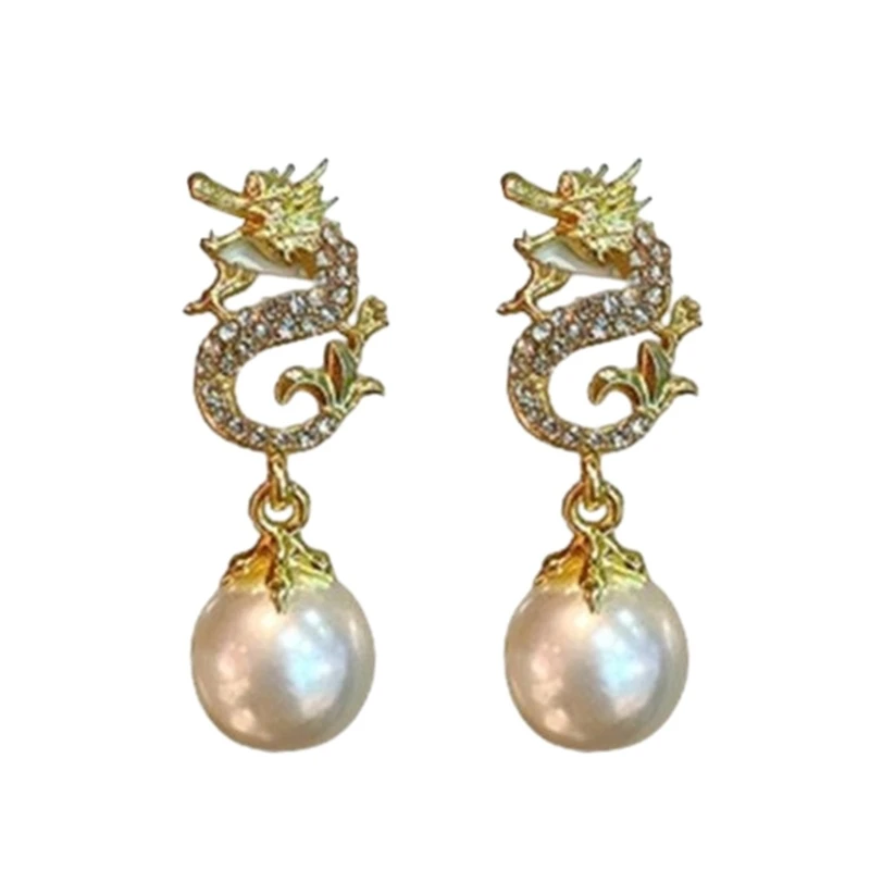 Stylish Dragon Year Ear Studs Adornment Fashionable Dragon Ear Studs Accessories with Pearls Pendant for Fashion Lovers