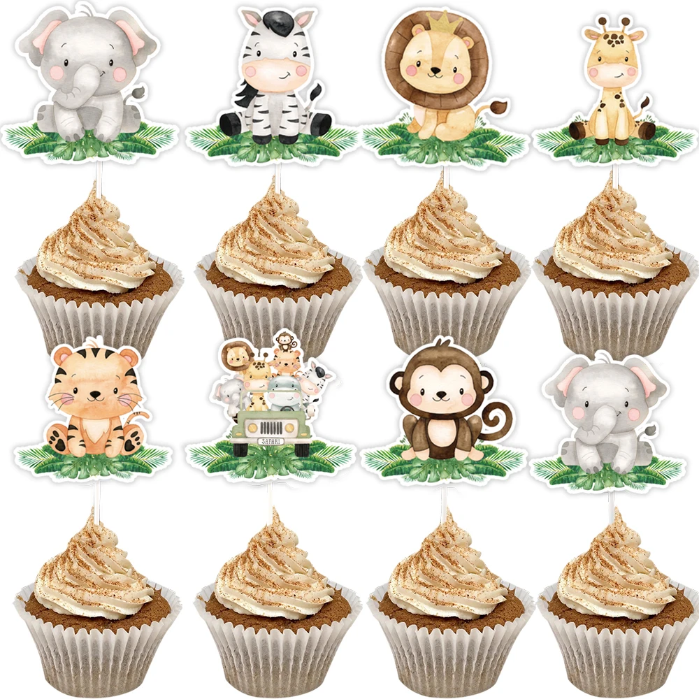 18pcs Carton Animal Cake Topper Paper Cupcake Toppers for Jungle Safari Forest Happy Birthday Party Decoration DIY Cake Supplies