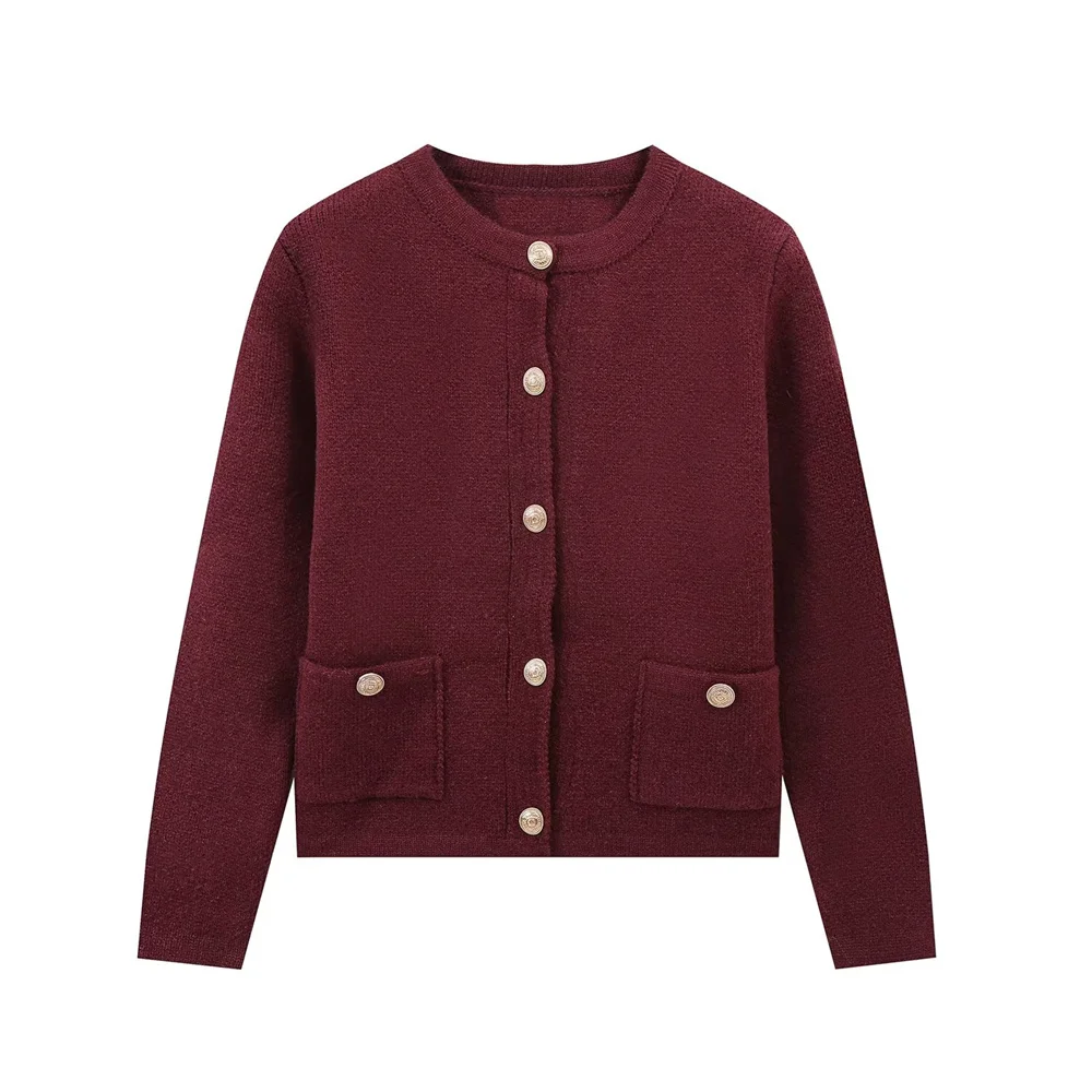 

BMURHMZA Autumn New Product Women's Casual Pocket Decoration Gold Buckle Long Sleeve Round Neck Knitted Cardigan