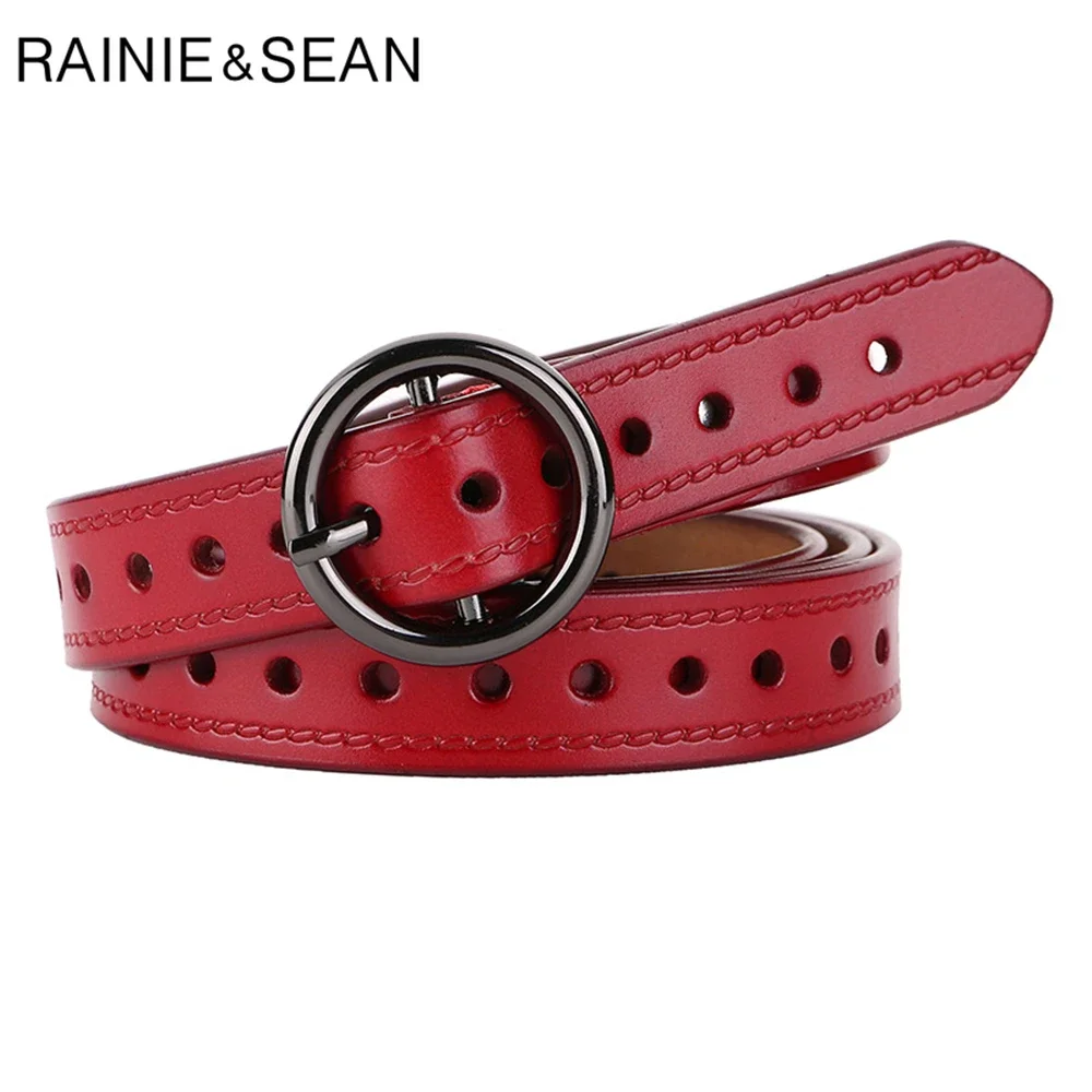 

RAINIE SEAN Red Waist Belts Women Genuine Leather Pin Buckle Belt With Holes Real Leather Cowskin Brown Waist Belts for Jeans