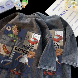 Amerykańska modna marka z krótkim rękawem retro cartoon t-shirt wagi ciężkiej bawełniane sprane starcy pięć czwartych rękawów oversize