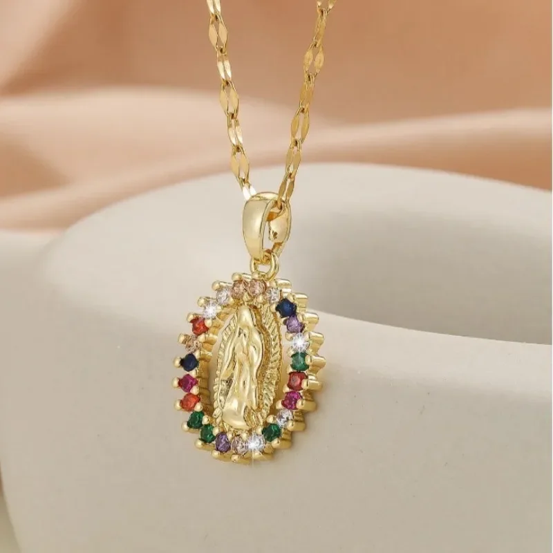 European and American Fashion and Gorgeous Women\'s All Sky Star Micro Inlaid Colorful Zircon Virgin Mary Hollow Necklace