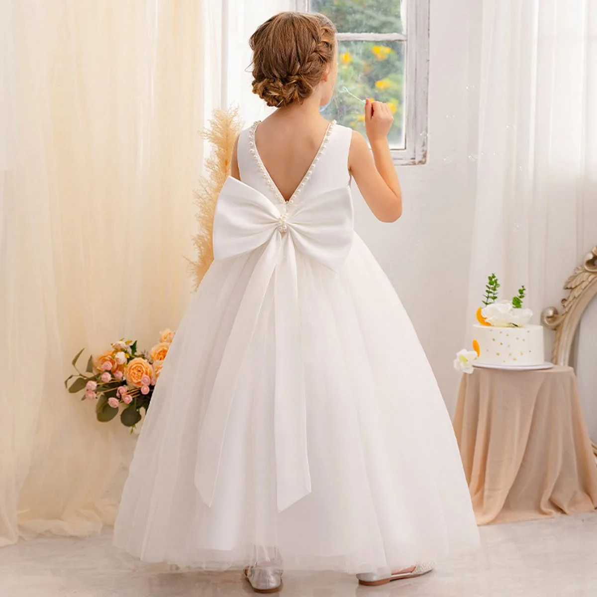 

Little/Big Girls Elegant V Backless Big Bowknot Pearls Flower Girl Birthday Party Piano Show Performance Long Dress