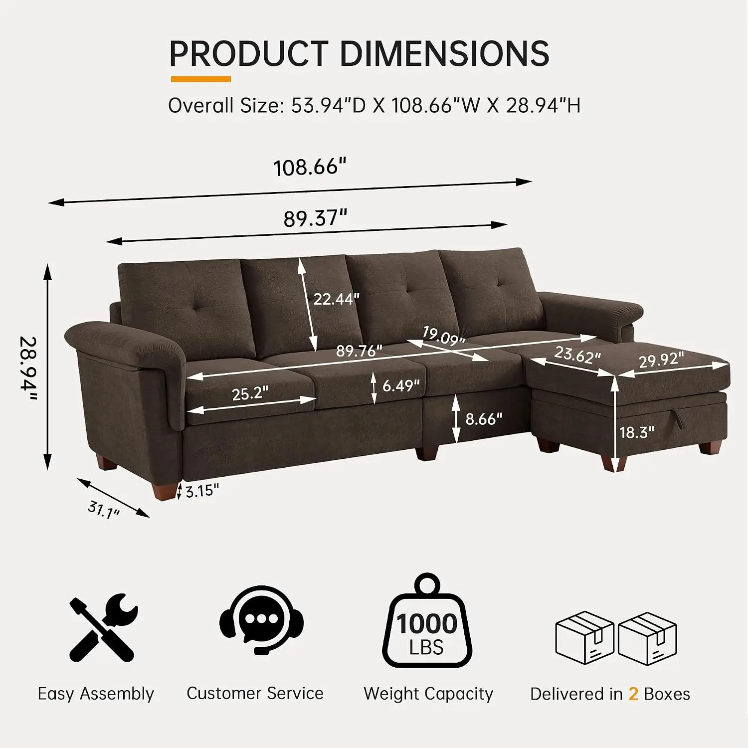 108'' L Shape Sectional Sofa, 4 Seat Fabric Couch for Living Room, Customized