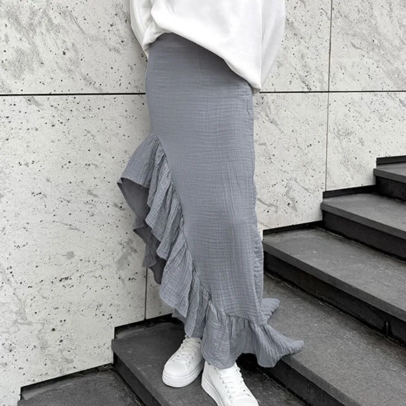 

Grey Flounce Skirt Female Asymmetric Long Skirt in Autumn 2025