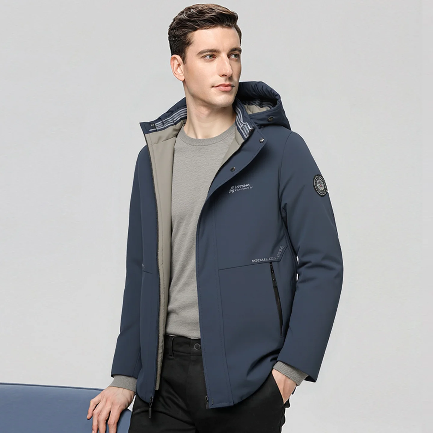 

Men's Cotton Jaet Hooded Stand Collar Removable Middle Length Busin Sle Warmth Polyester Fiber Stand Sve Zipper