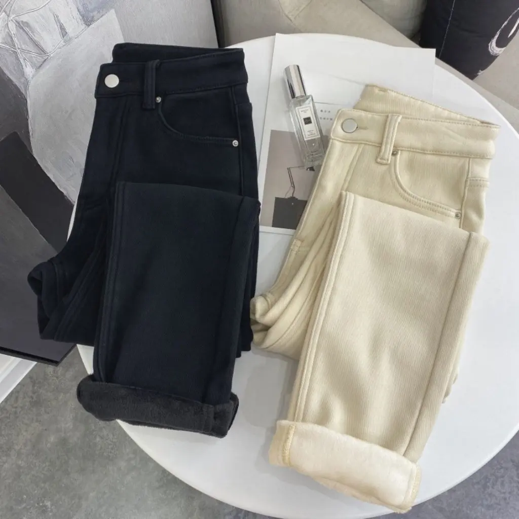 

Женские облегающие эластичные джинсы на флисовой подкладке, утепленные осенне-зимние модные прямые брюки, универсальные повседневные джинсовые брюки