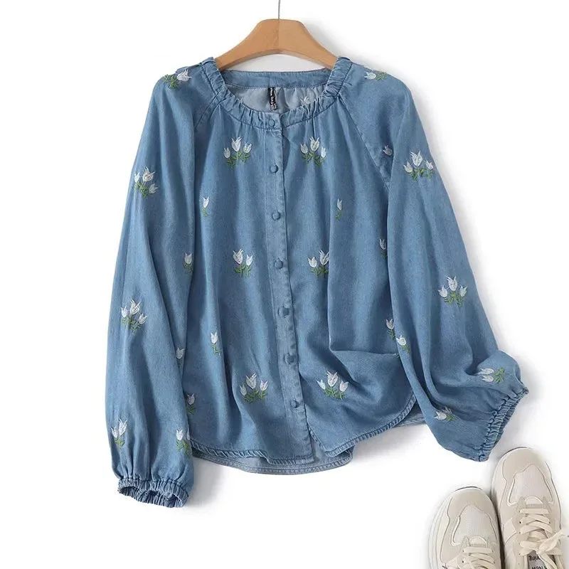 

2025 Autumn New Womens French Denim Shirt Thin Style Floral Embroidery Doll-Collar Puffed Sleeves Lightweight Daily Tops