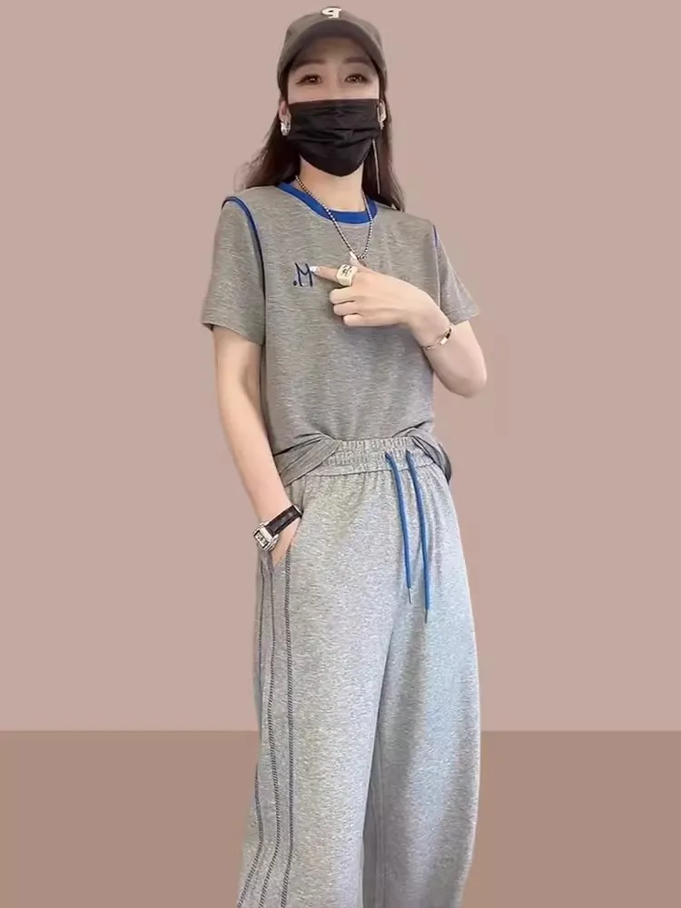 

Faionable Sportswear Set Women Summer 2026 Wide Leg Pants Running Two Piece Set Large Size Fem Clothing Breathable Casual