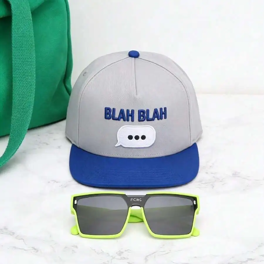 

Gray Blue Contrast Baseball Cap With Blah Blah Speech Bubble And Neon Green Sunglasses Set
