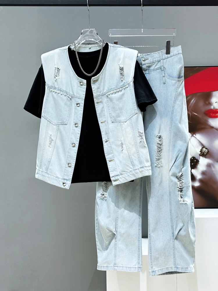 

Original Design Men's Faionable Loose Denim Vest Set with Hole Design Long Pants Two-Piece Set for Young Adults
