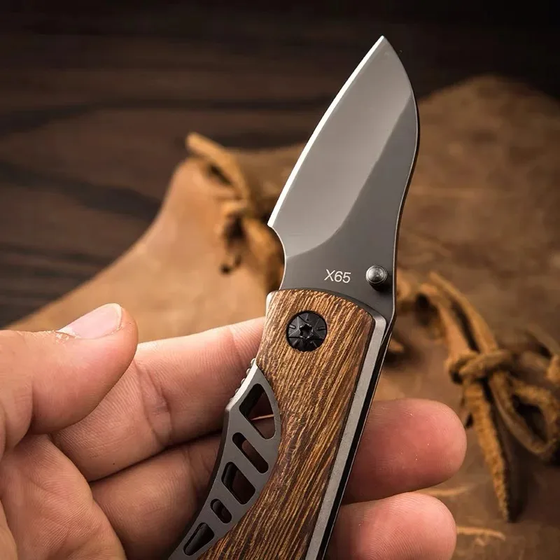 1pc，Folding knife with wooden handle, outdoor knife, outdoor knife, portable folding knife, camping equipment, sharp fruit knife