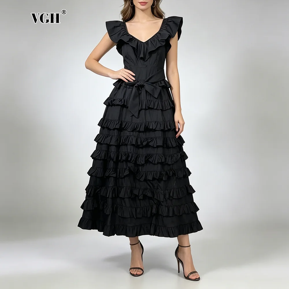 VGH Abendveranstaltungen Schwarzes V-Ausschnitt Rüschen-Maxikleid für Damen Schlankes Design Flügelärmel mit Schleifengürtel für Büro und Pendeln