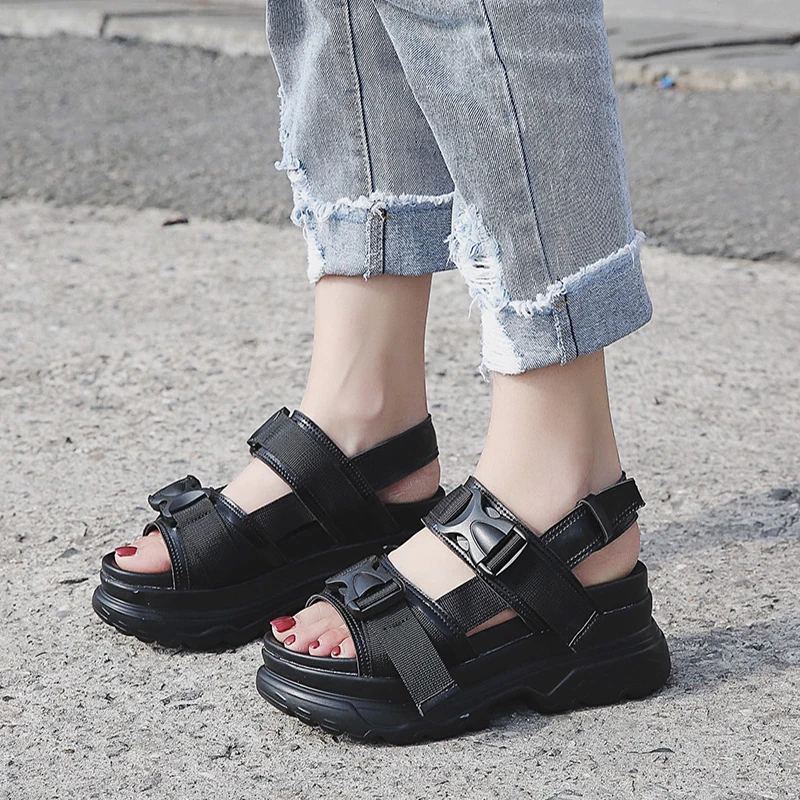 Comemore 2022 New Summer Women Buckle Black White Roman Platform Sandals Female Comfortable Thick Sole Wedge Beach Shoes Heels