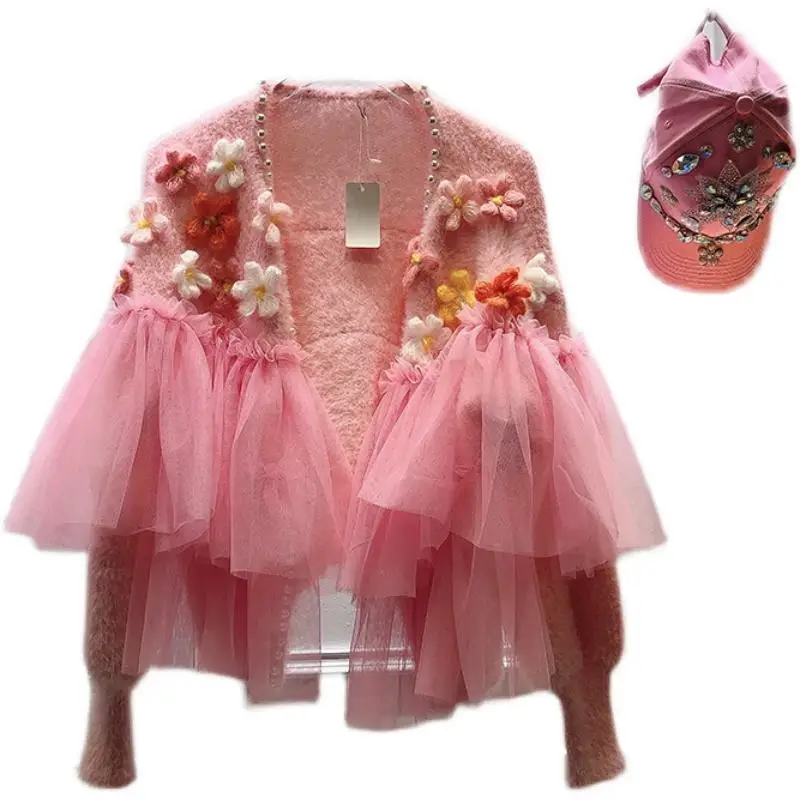 Winter 3D Flowers Crocheted Gauze Pleated Pearls Beaded Knitted Cardigan Mesh Yarn Spliced Ruffles Sweater Coat Knitwear Tops