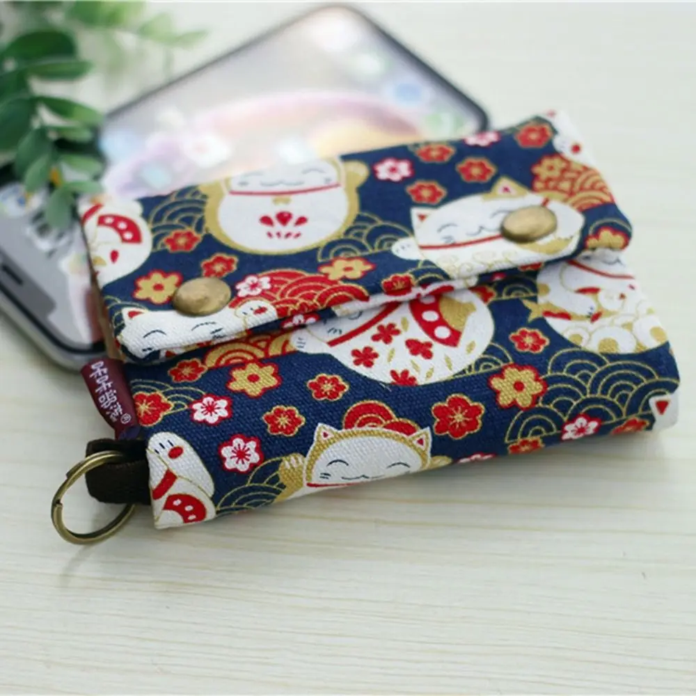 Monedero de lona portátil multifuncional para mujer, billetera con tres pliegues de gato de la suerte Maneki Neko, tarjetero estampado, billetera corta con cremallera