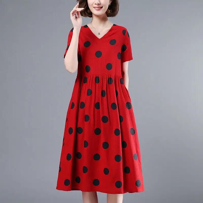 

Fashion V-Neck Printed Loose Polka Dot Midi Dress Women Clothing 2023 Autumn New Oversized Long Sleeve Casual Dresses