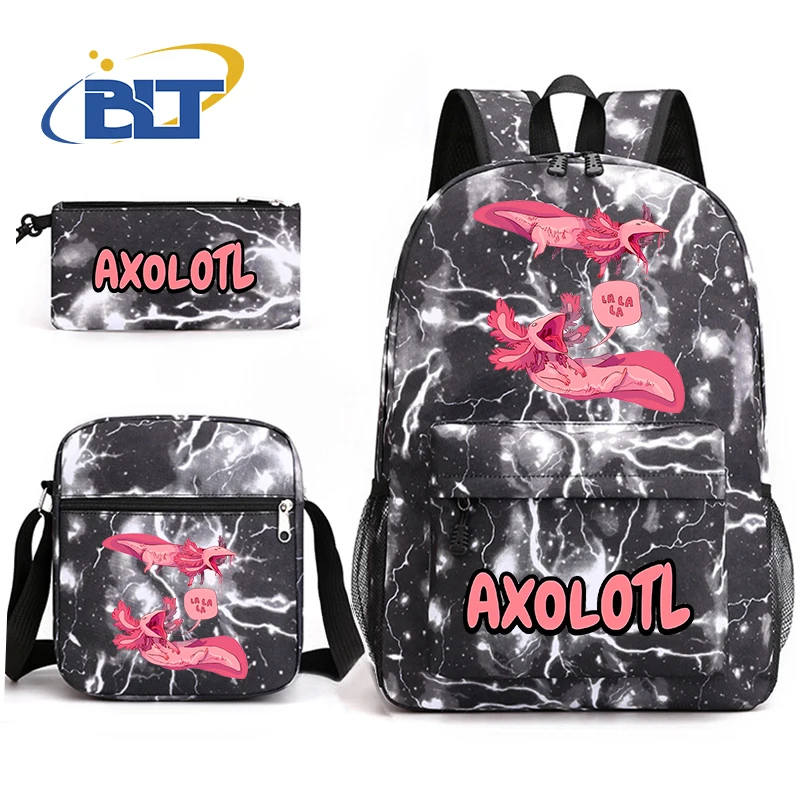 Ensemble de sac d'école imprimé Axolotl pour enfants, sac à dos décontracté, sac initié, sac à crayons, cadeau étudiant mignon, 3 pièces