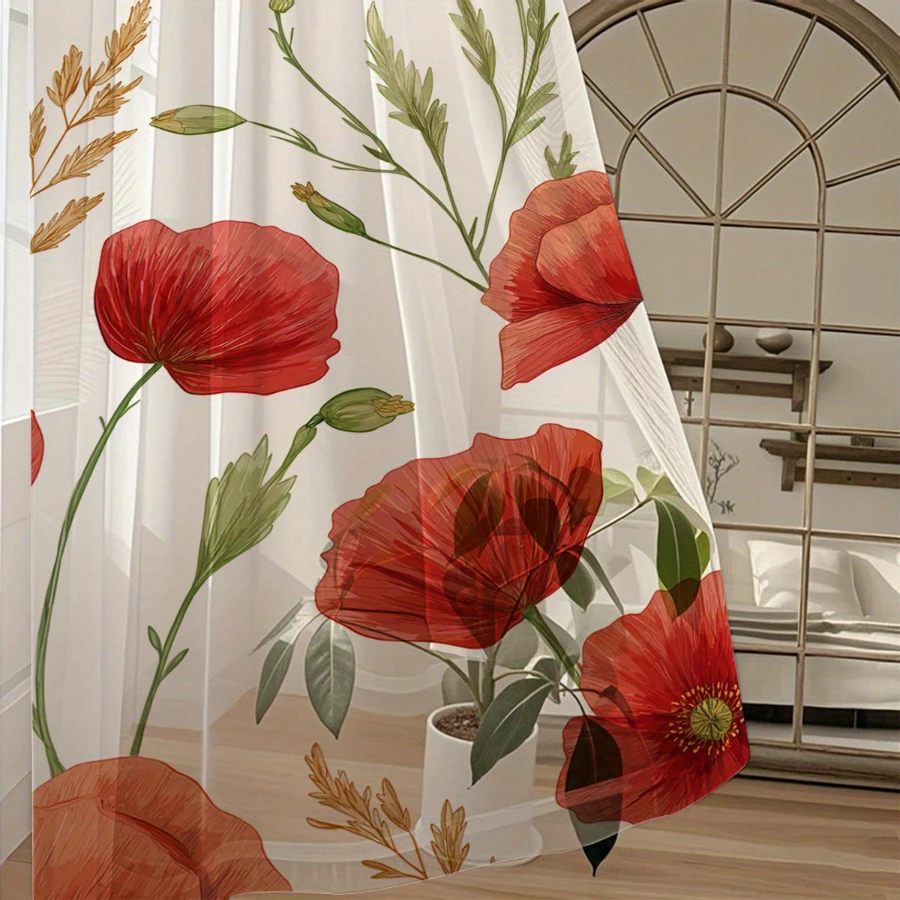 2PCS Digital Print Sheer Curtains, Red Poppy Flower Pattern, Vintage Oil Painting Style for Living Room Home Window Decor - view 4